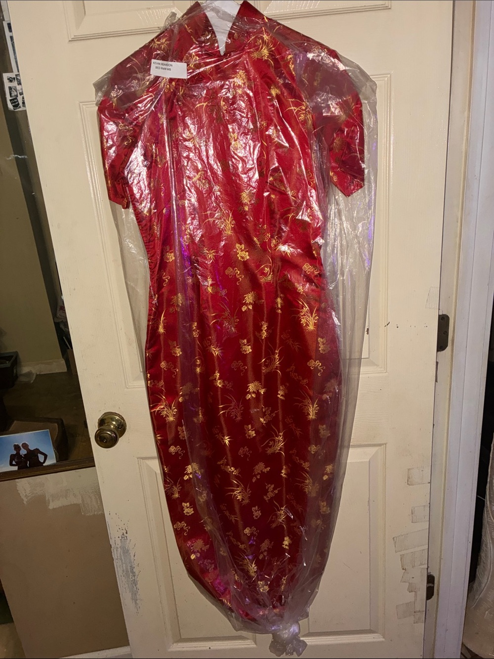 Red Satin Cheongsam Dress with Gold Floral Embroidery Asian size 2-4